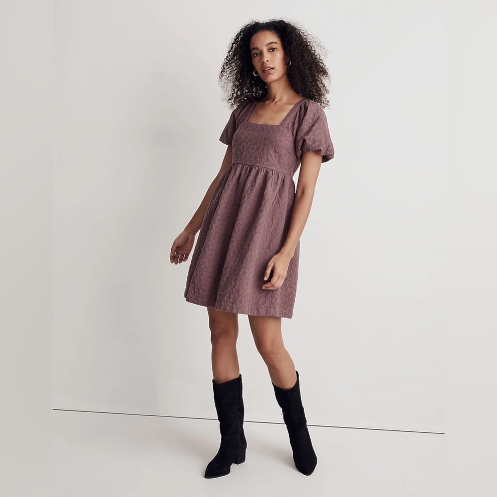 MADEWELL Women’s Floral Quilted Puff-Sleeve Doll Mini Dress in Fig Multi Jaq Lg